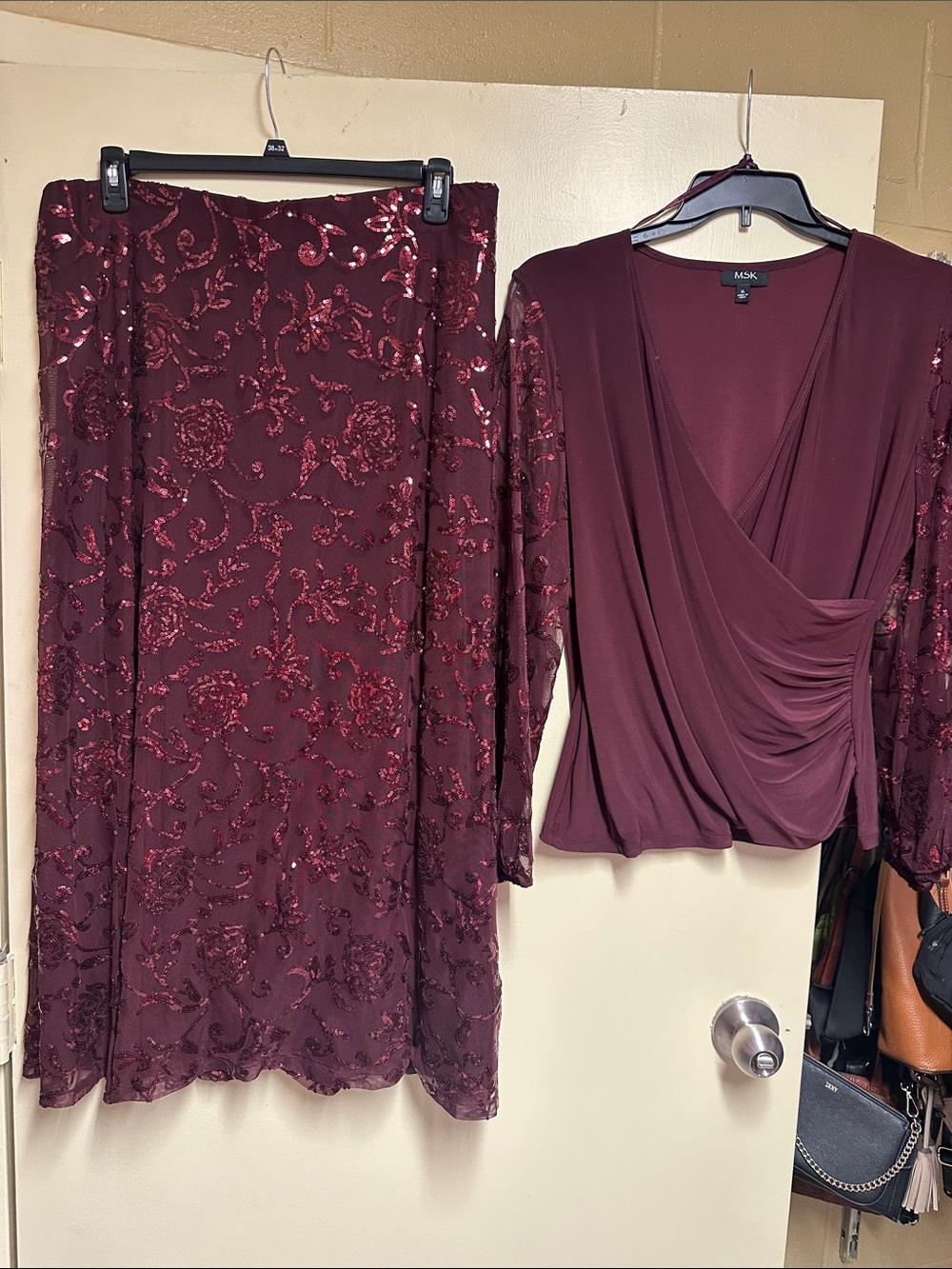 MSK Women's Burgundy Sequin Floral Midi Skirt and Top - Elegant Evening